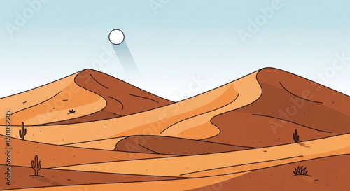 Illustration of a desert landscape with sand dunes cacti and a bright sun in a clear blue sky scene