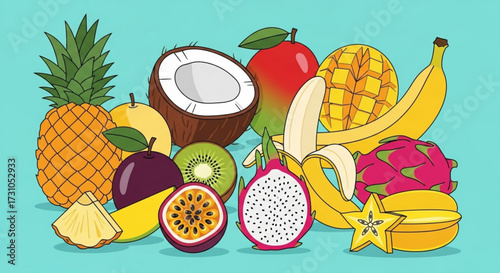 Illustration of a variety of tropical fruits including pineapple mango banana and dragon fruit arranged together