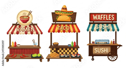 Illustration of three food carts offering ramen tacos and sushi with waffles displayed on separate stands