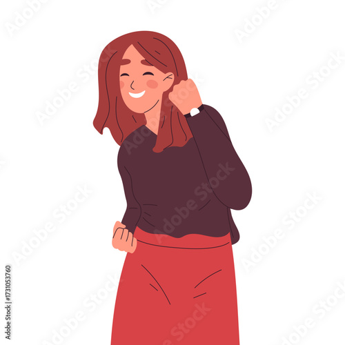 Woman celebrating win. Girl with victory triumph emotion, successful female character enjoy victory flat vector illustration. Cheerful woman enjoy triumph