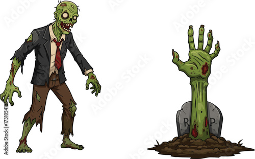 Scary cartoon zombie character, undead monster rising from grave, creepy horror illustration, green zombie hand from tombstone, Halloween spooky artwork