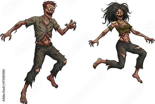 Scary cartoon zombie couple illustration, undead man and woman characters, creepy horror design, Halloween concept, spooky monster artwork, digital drawing, fantasy