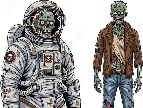 Scary zombie astronaut illustration, creepy undead space monster, frightening horror cartoon, spooky skeleton zombie artwork, terrifying halloween character design, scary walking dead