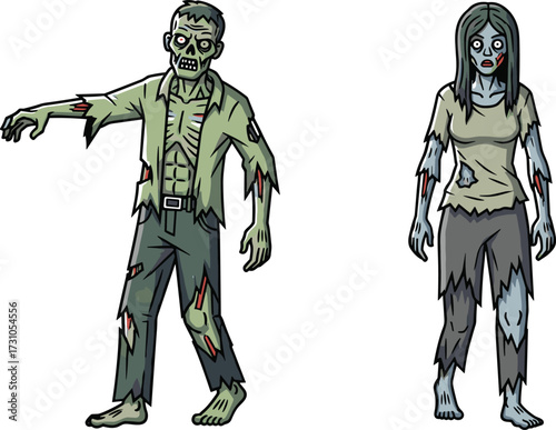 Cartoon zombie couple illustration, creepy undead man and woman characters, scary monster artwork, spooky Halloween drawing, horror walking dead cartoon design