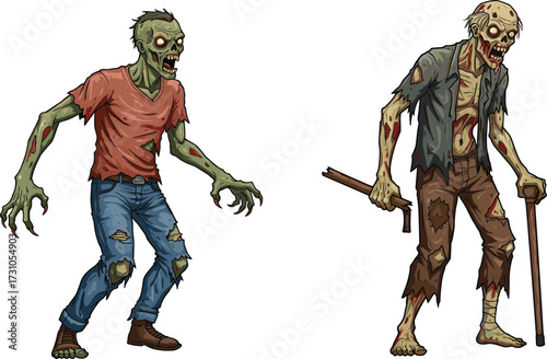 Scary zombie characters artwork, creepy undead monster illustration, horror walking dead creatures, spooky cartoon zombies, apocalypse survivors, rotten scary corpses, Halloween undead