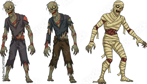 Scary zombie characters, creepy mummy monster, undead horror creatures, spooky Halloween artwork, terrifying fantasy illustration, evil walking dead design, frightening cartoon drawing