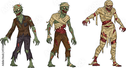 Scary zombie characters, creepy mummy monster, undead horror creatures, spooky Halloween illustration, terrifying fantasy artwork, evil cartoon design, frightening walking dead drawing