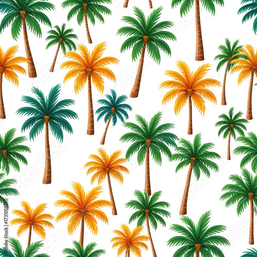 Tropical palm trees in various colors on a dark background