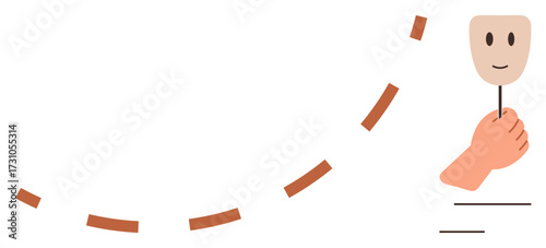 Hand grips a happy mask on a stick, accompanied by a dotted brown curve. Ideal for themes thumbs up identity, deception, emotions, social masks, personal authenticity, psychology, simple flat
