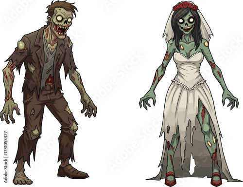 Scary zombie couple illustration, undead bride and groom characters, creepy horror artwork, Halloween undead monsters, spooky wedding zombies, cartoon scary creatures, apocalypse