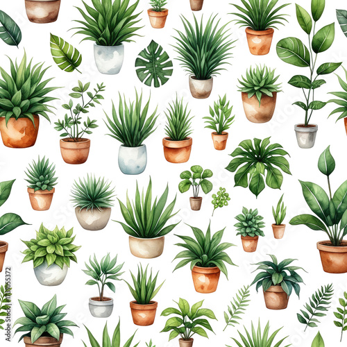 Watercolor pattern of various potted green plants on a black background