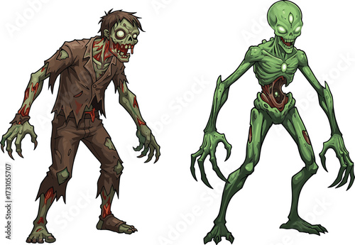 Scary zombie in torn clothes, creepy alien undead monster, horror illustration, spooky walking dead creatures, terrifying cartoon design, halloween scary characters artwork