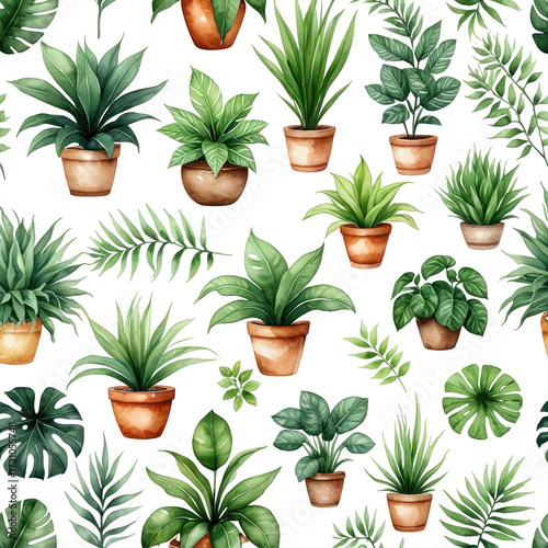 Lush potted plants, botanical pattern on a black background