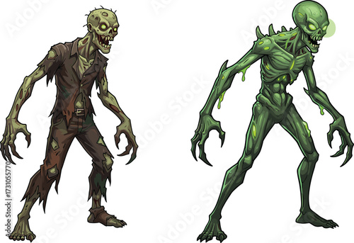 Scary zombie with glowing eyes, creepy alien undead creature, horror illustration, spooky walking dead monsters, terrifying cartoon design, halloween frightening characters artwork