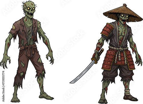 Creepy cartoon zombie character with glowing eyes, scary undead monster in tattered clothes, horror samurai warrior zombie fighter with sword illustration