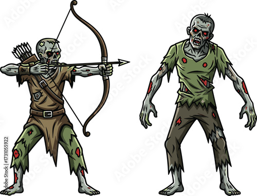 Zombie archer with bow, undead monster, scary cartoon character, creepy walking dead, horror apocalypse artwork, scary ghoul, survival illustration, halloween concept