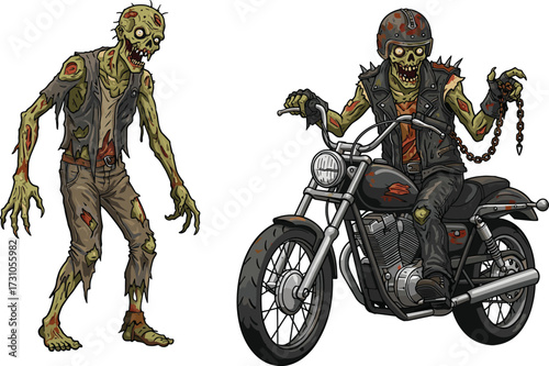 Zombie biker riding motorcycle with chain weapon, scary undead monster, creepy horror illustration, spooky Halloween artwork, evil ghoul character, apocalypse concept