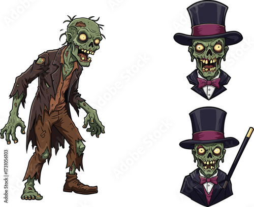 Zombie gentleman with top hat, scary undead character, horror cartoon illustration, creepy skeleton in tuxedo, spooky Halloween design, monster artwork, evil ghoul