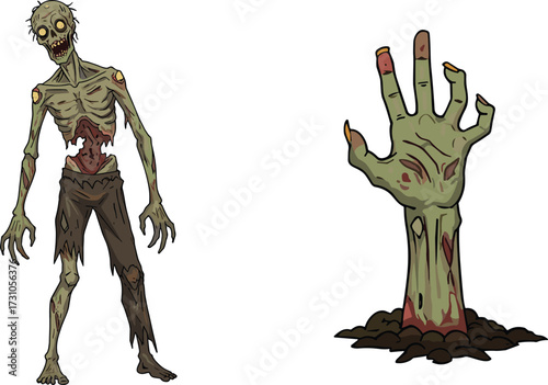 Creepy cartoon zombie illustration, scary undead monster artwork, horror skeleton rising, zombie hand from grave, spooky Halloween undead creature design