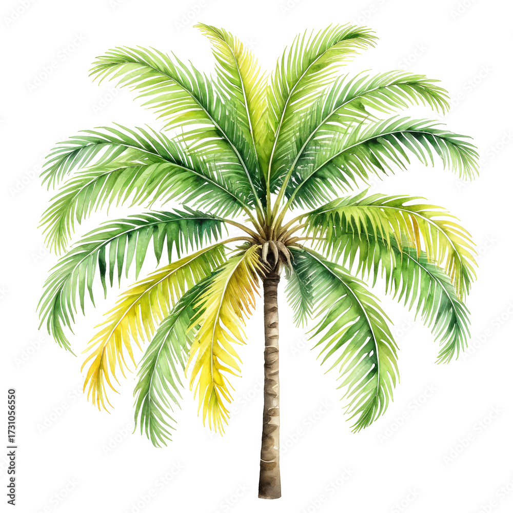 Fototapeta premium Watercolor illustration of a lush, detailed palm tree, isolated on black