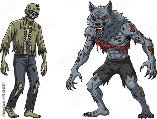 Zombie monster illustration, scary werewolf creature, creepy undead artwork, horror cartoon design, spooky walking dead characters, terrifying halloween fantasy, evil beast drawing, frightening