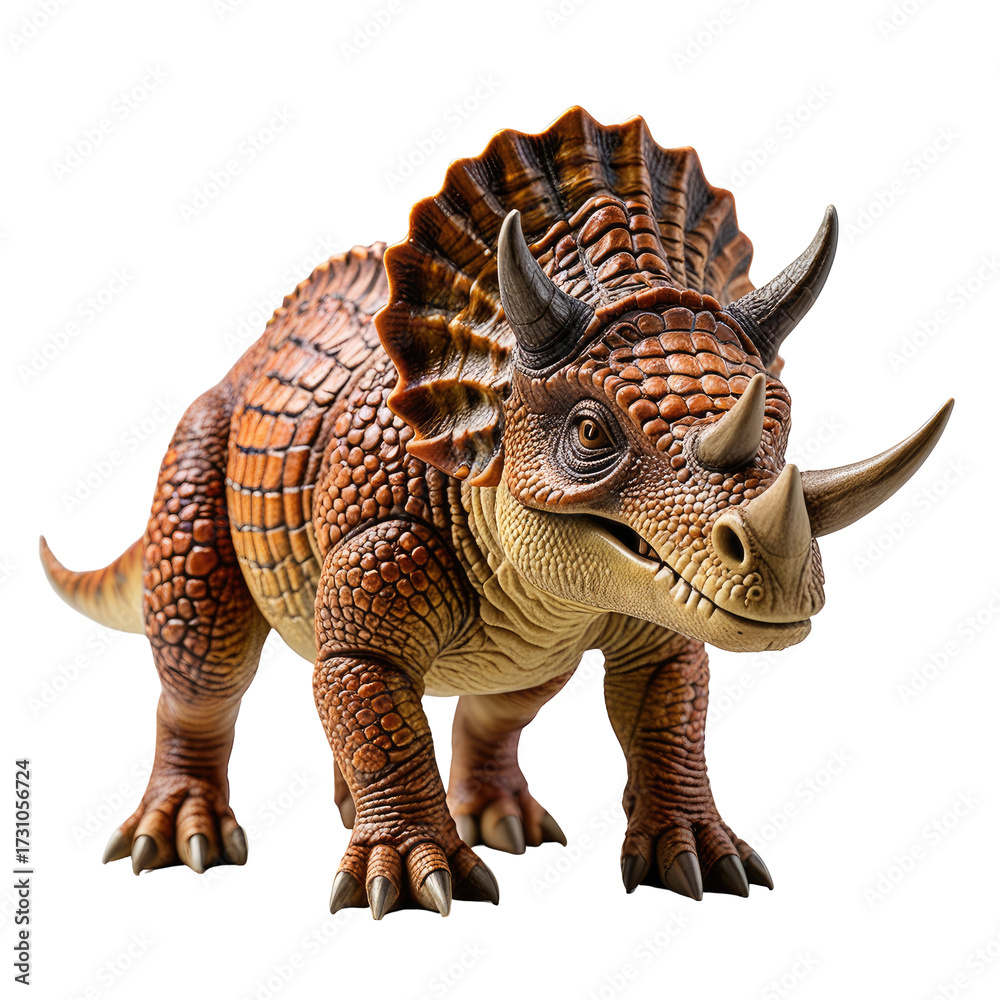 Obraz premium Brown Triceratops, realistic illustration, horns, frill, on isolated black background