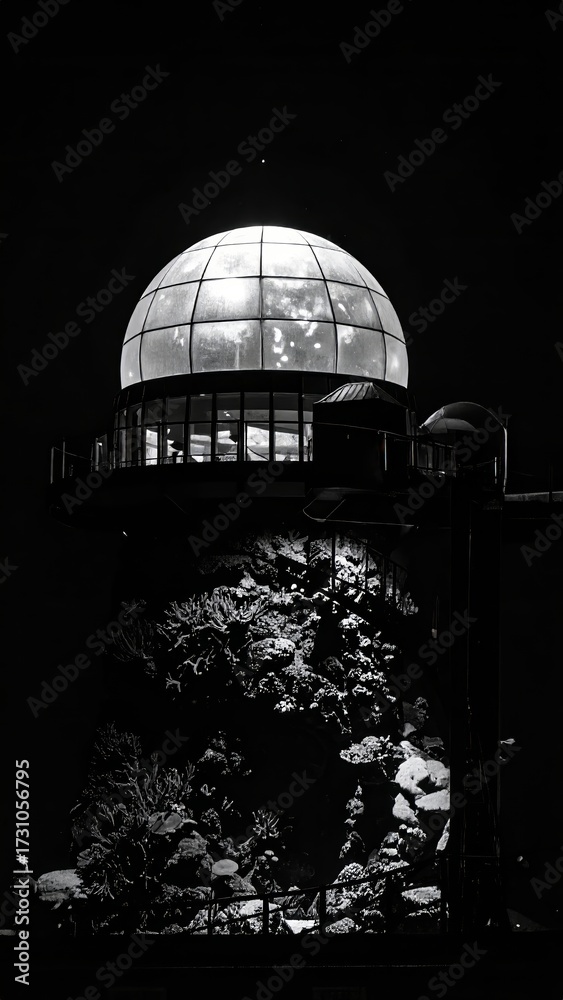 Fototapeta premium Monochrome nightscape of illuminated dome structure and underwater coral display
