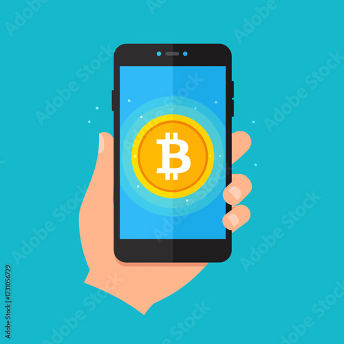 Hand holding smartphone with Bitcoin symbol on screen, digital currency concept.