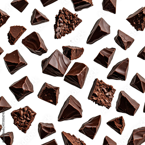 Floating chunks of dark chocolate against a black backdrop