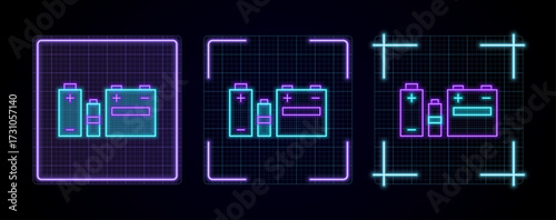 Batteries symbol icon illustration, cyber neon visual, glowing border grid vector.