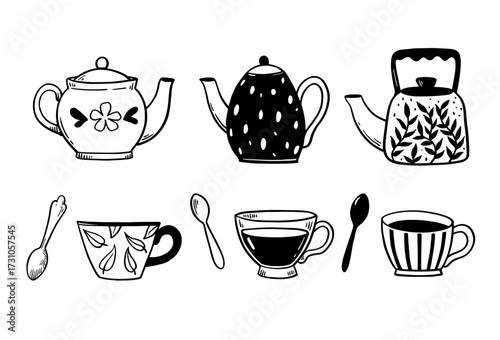 Teapots and spoons. Collection of design elements in black and white doodle hand-drawn style for menu and packaging design