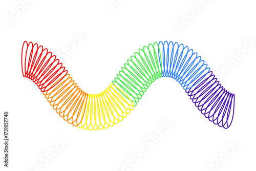 Rainbow colored flexible spring in wavy shape isolated on white background. Children slinky toy popular in the 90s. Plastic multicolored elastic spiral. Vector flat illustration.