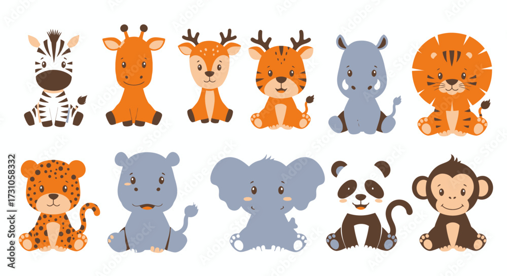 Fototapeta premium A delightful collection of adorable cartoon baby safari and jungle animals, including a panda, zebra, and lion, presented as isolated vector illustrations.