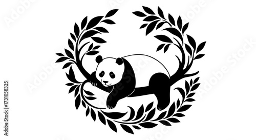 Charming black and white panda bear resting on a tree branch, surrounded by decorative leaves in a circular emblem design.