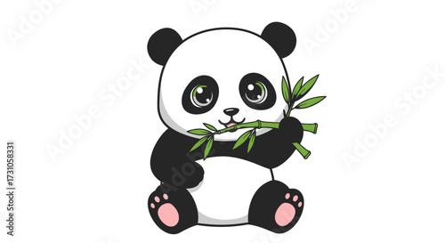 Adorable cartoon panda bear sitting and happily munching on a fresh green bamboo stalk, rendered in a charming vector illustration style.