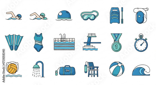 Illustration showcasing various swimming related icons including swimmers, equipment, and pool elements in detail