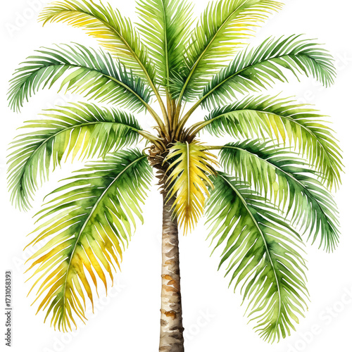 Watercolor palm tree illustration with vibrant green fronds and textured trunk