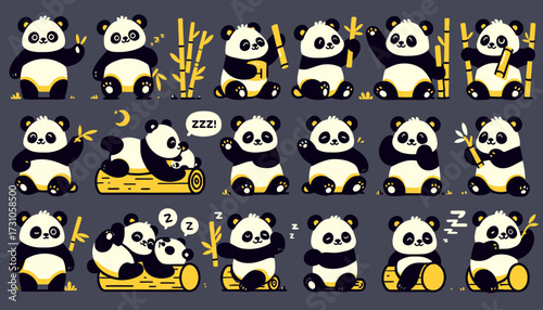 Adorable cartoon panda collection featuring various playful poses and activities, perfect for children's designs and nature-themed illustrations.
