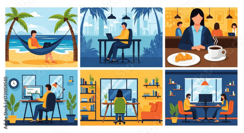 Illustrations depicting people working remotely from various locations including beach, cafe and home office