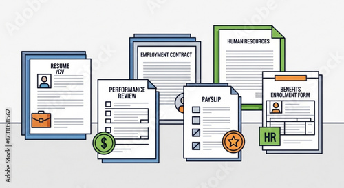 Illustration of various human resources documents including resume employment contract and payslip forms
