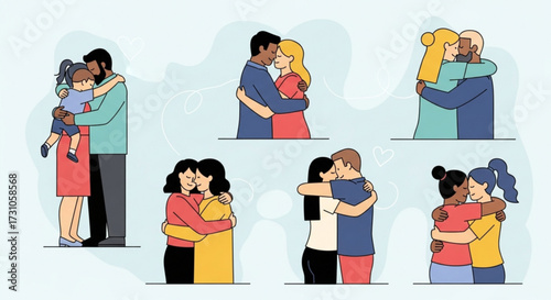 Illustration showing diverse couples and a parent and child embracing each other in a loving and affectionate way