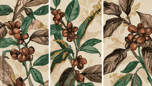Coffee Plant Triptych Wall Art with Botanical Sketches in Earthy Tones