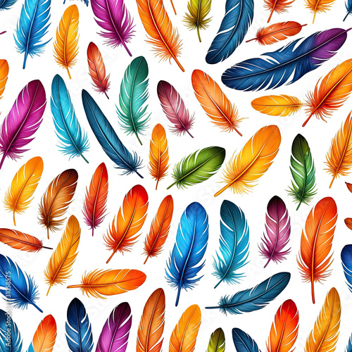Colorful, digitally-created feathers of various hues scattered on black background