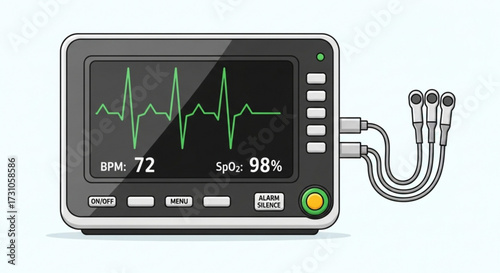 Illustration of a vital signs monitor displaying bpm of seventy two and spo two of ninety eight percent