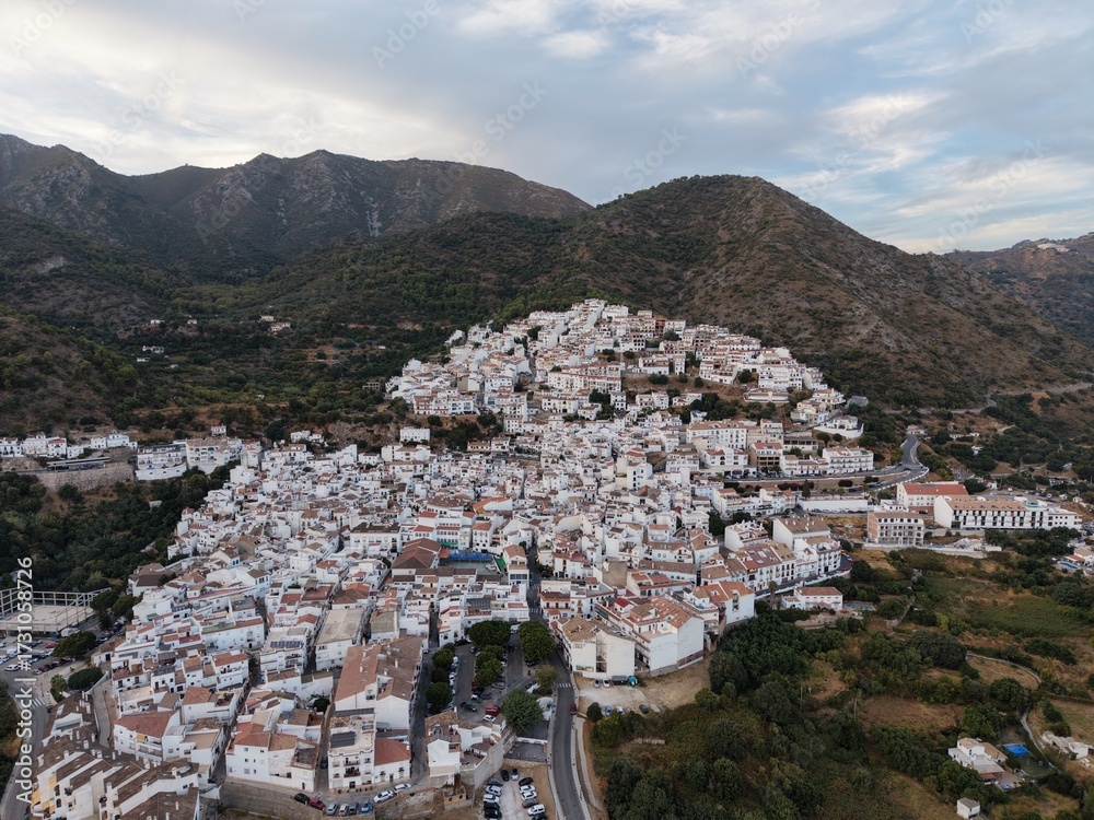 Fototapeta premium Aerial drone view of Ojén, Málaga – scenic white village in Andalusia, Spain