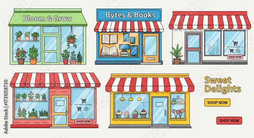 Illustration of various storefronts including a flower shop a bookstore and a sweet shop with awnings