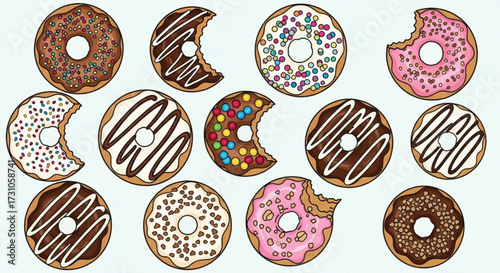 Assorted donuts with various toppings and icings arranged in a scattered pattern on a light background