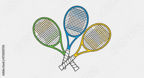 Three tennis rackets in green blue and yellow overlapping each other on a white background image view