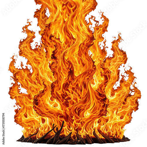 Intense bonfire with vivid orange and yellow flames, isolated on black