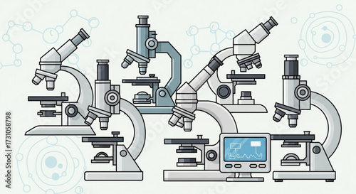 Illustration showing a group of microscopes with different designs and a screen displaying data analysis